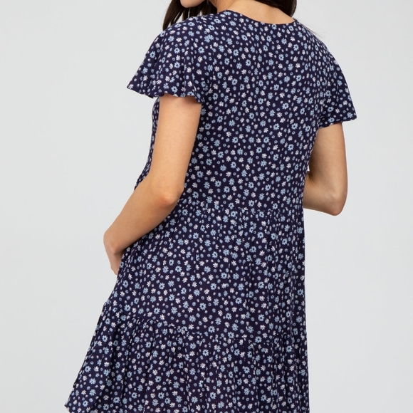 Navy Floral Button Front Tie Maternity Dress - Picture 2 of 4